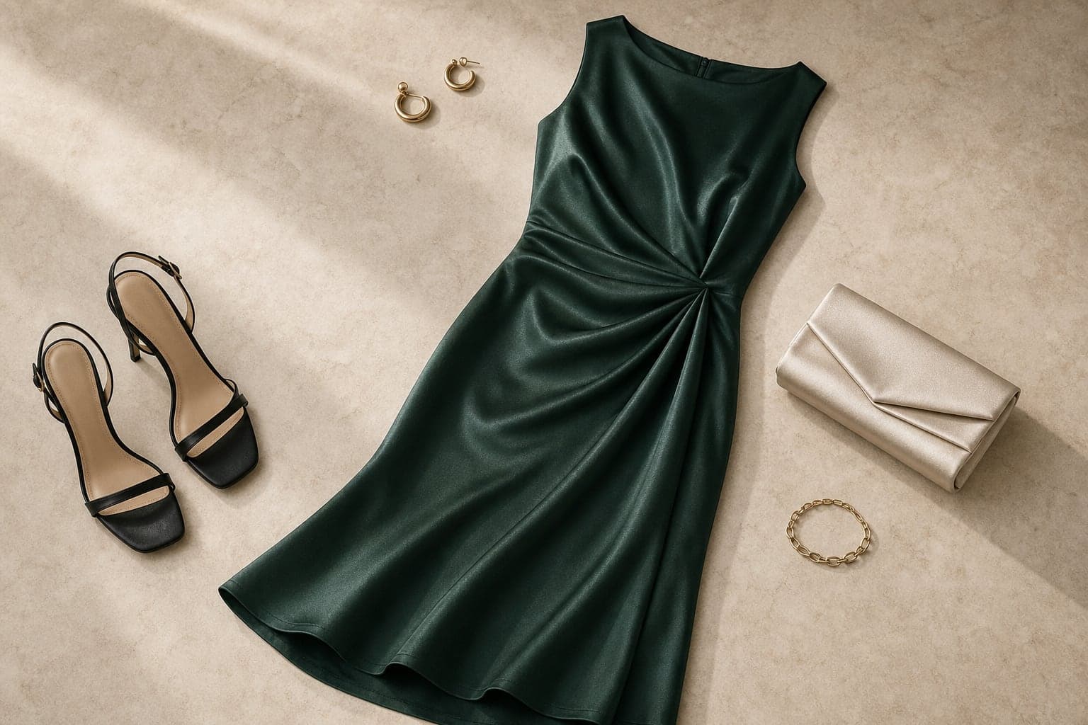 An emerald satin midi event dress styled with heeled sandals, a small clutch, and refined earrings.
