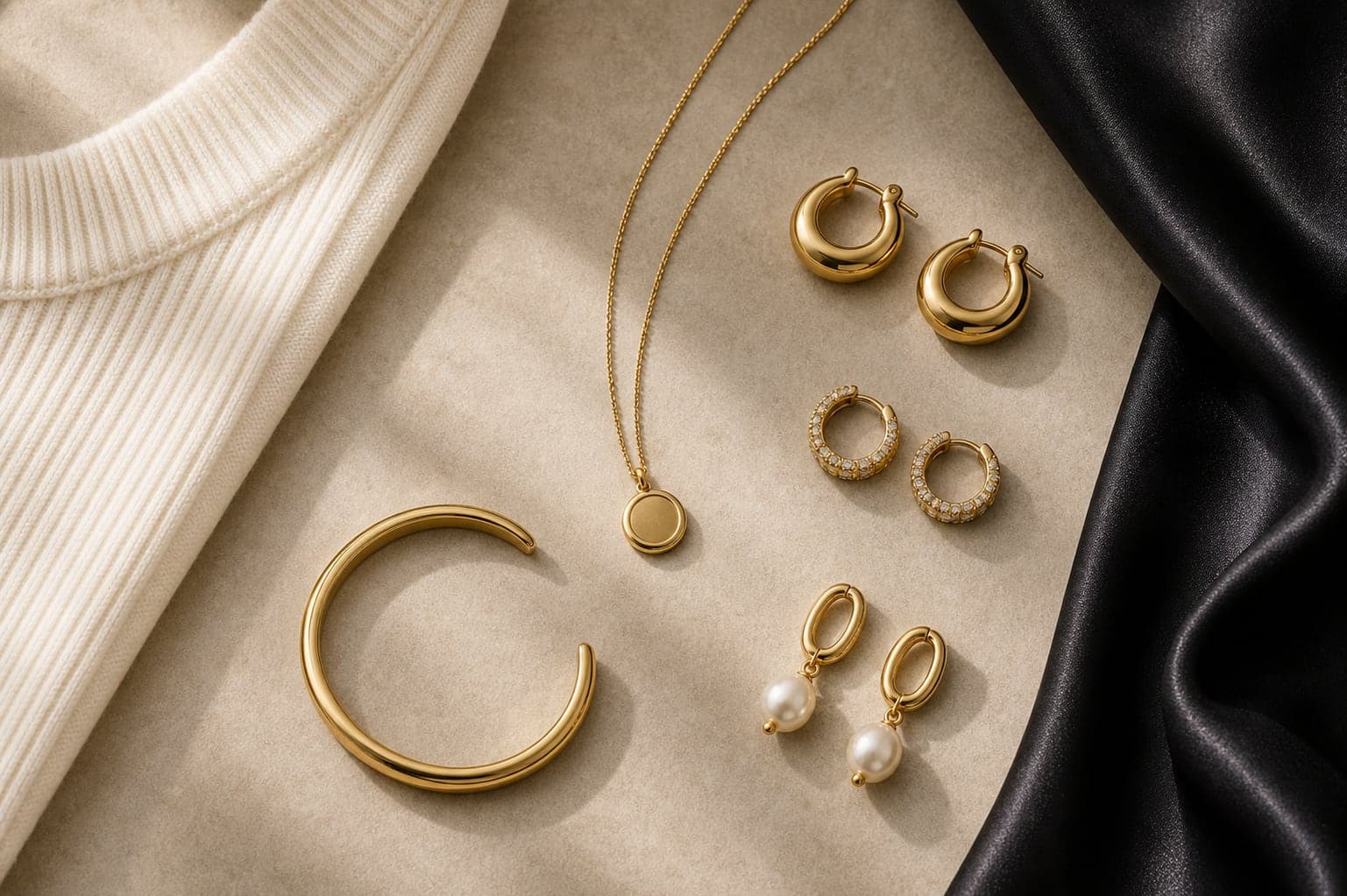Gold hoops, a pendant necklace, a cuff bracelet, and statement earrings arranged beside ivory knit and black satin fabric.