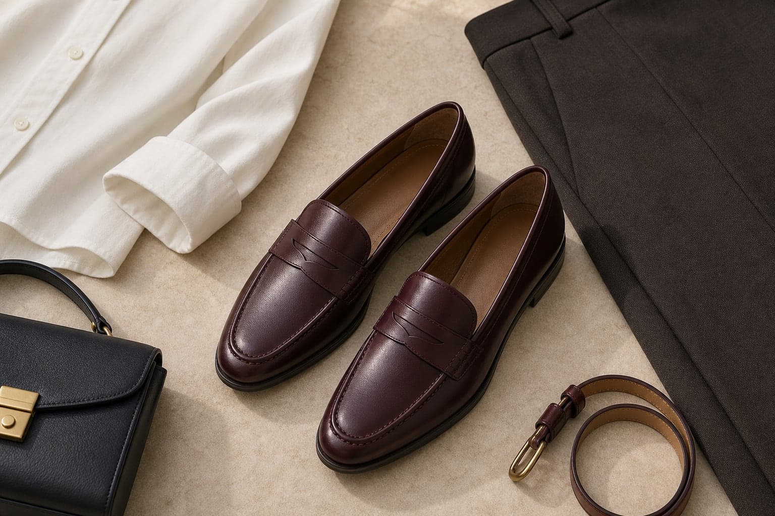 Burgundy leather penny loafers styled with cropped tailored trousers, a cotton shirt cuff, and a slim belt.