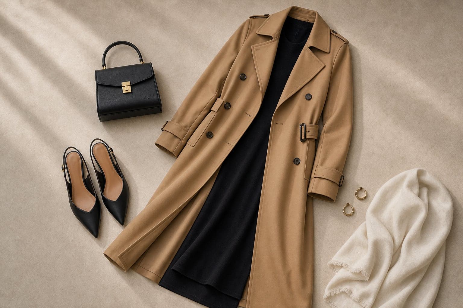 A camel trench or long coat styled with a dark dress edge, black pointed flats, and a small structured bag.