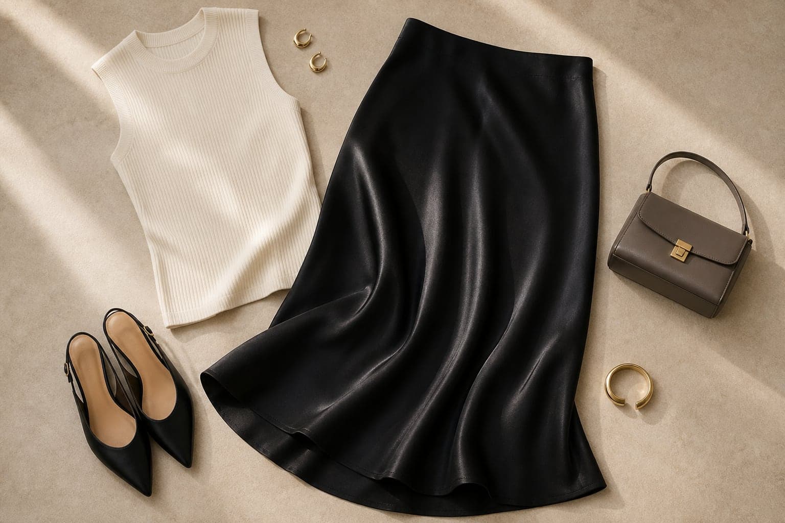 A black satin midi skirt styled with an ivory knit top, pointed flats, earrings, and a compact bag.