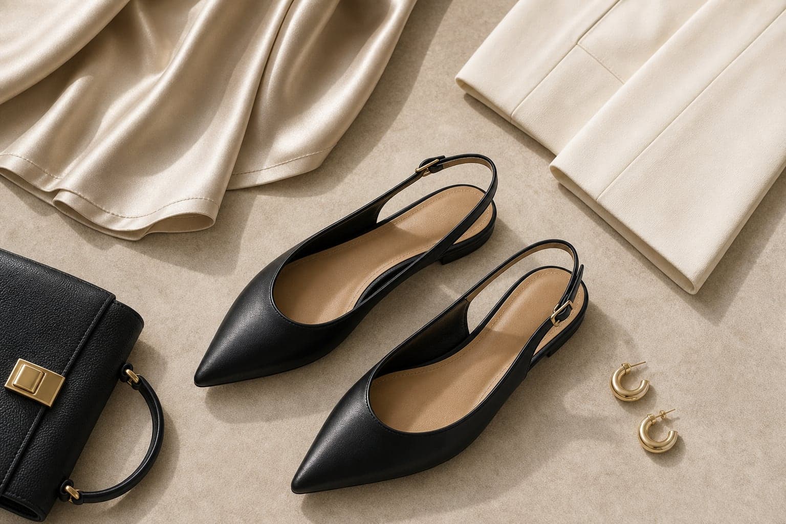 Black pointed slingback flats styled with satin fabric, tailored trouser fabric, earrings, and a compact structured bag.