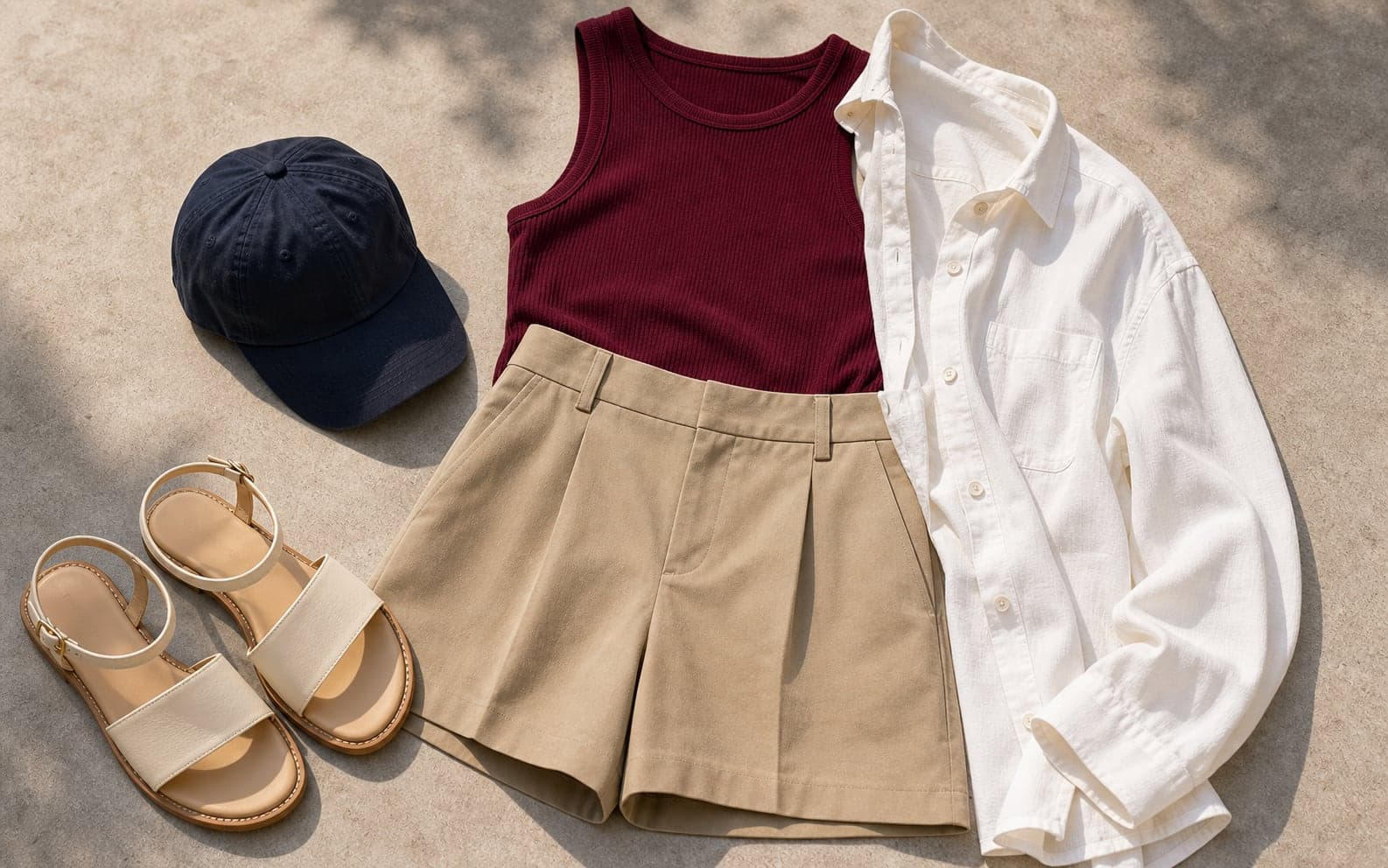 An ivory ribbed sleeveless knit styled with linen trousers, polished flats, and simple earrings.