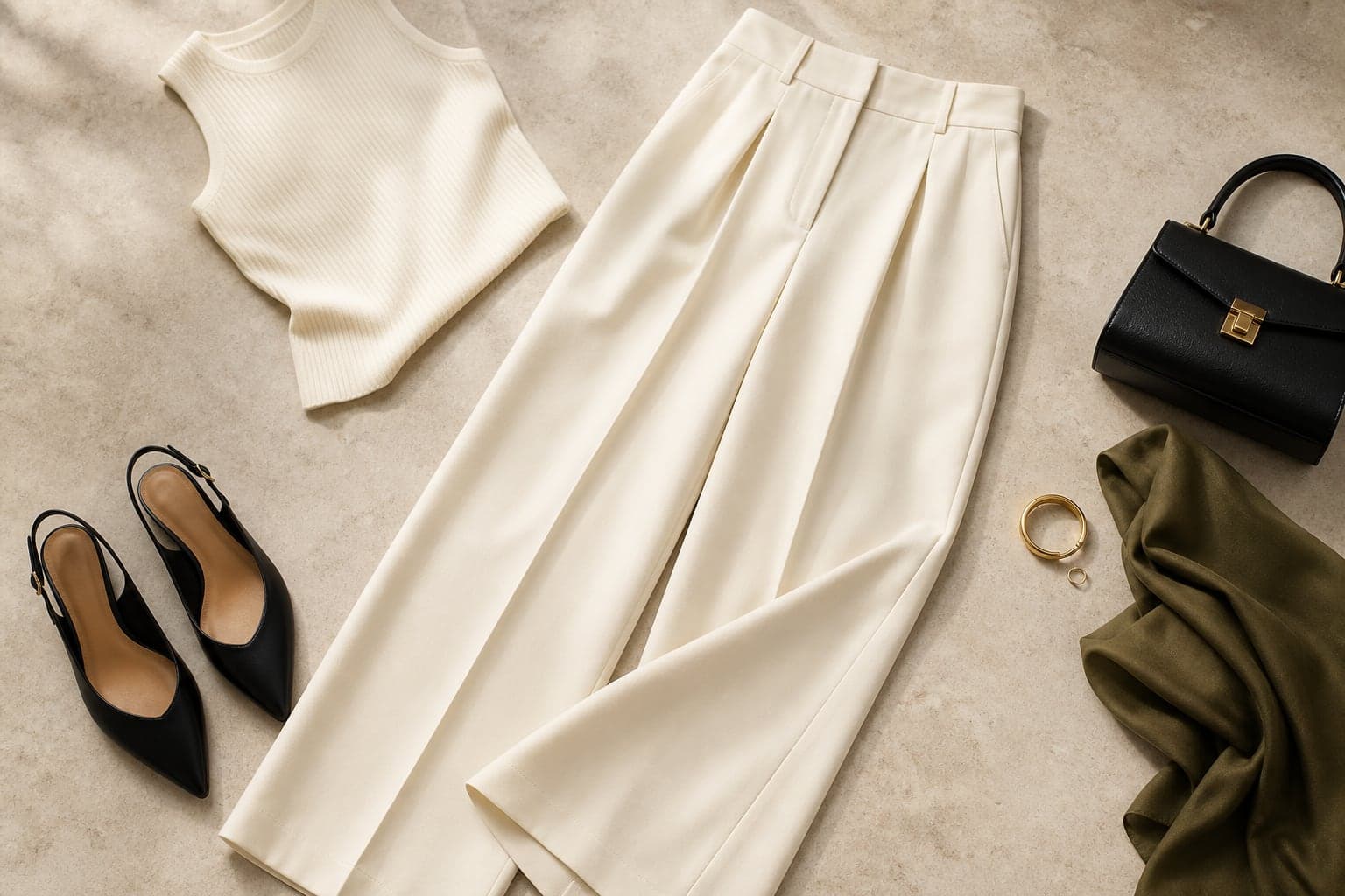 Cream tailored trousers styled with an ivory knit, black slingback flats, and a structured bag on a warm stone surface.