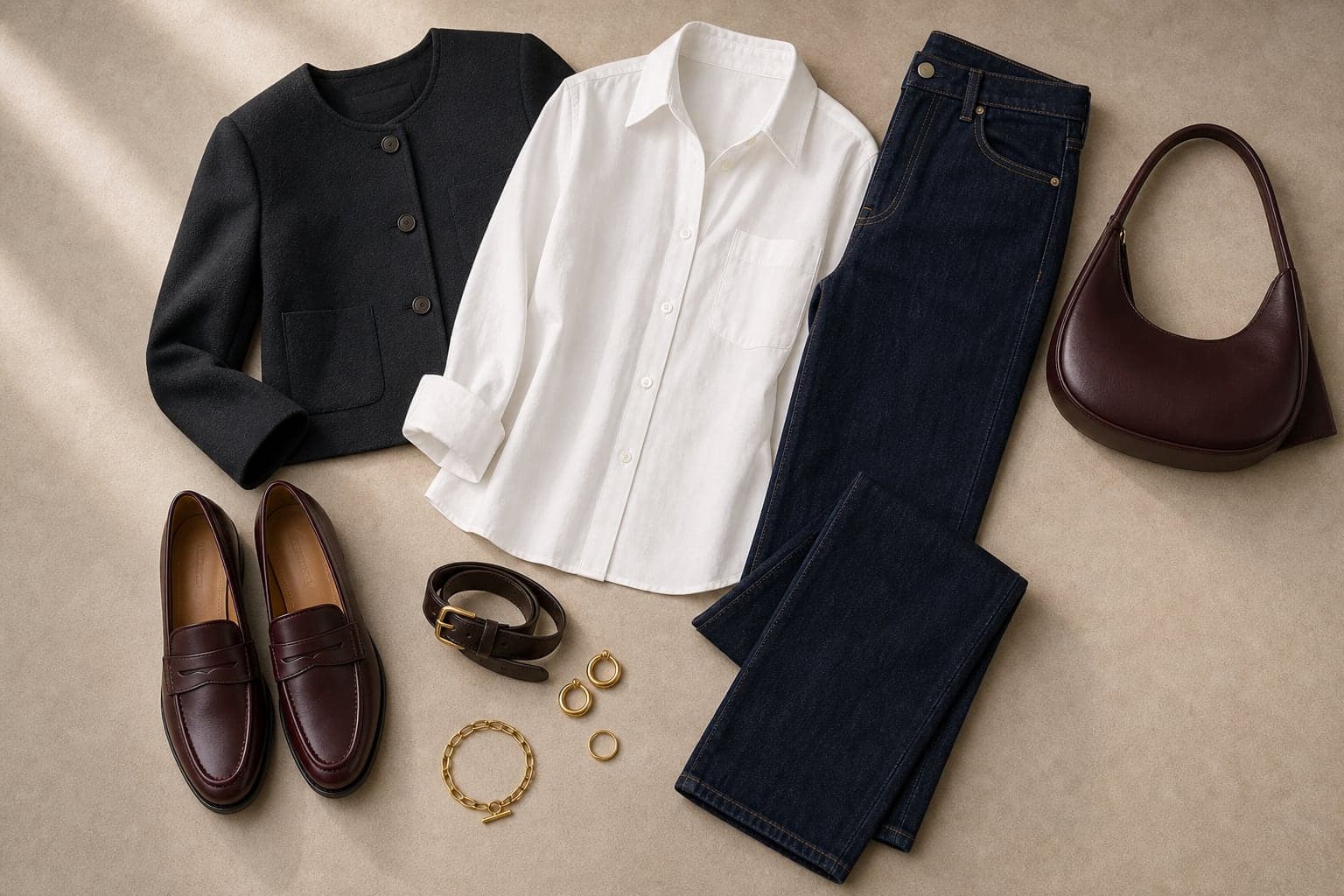Dark denim, a crisp white cotton shirt, a cropped structured jacket, loafers, a slim belt, and simple jewelry arranged as a hybrid office outfit.