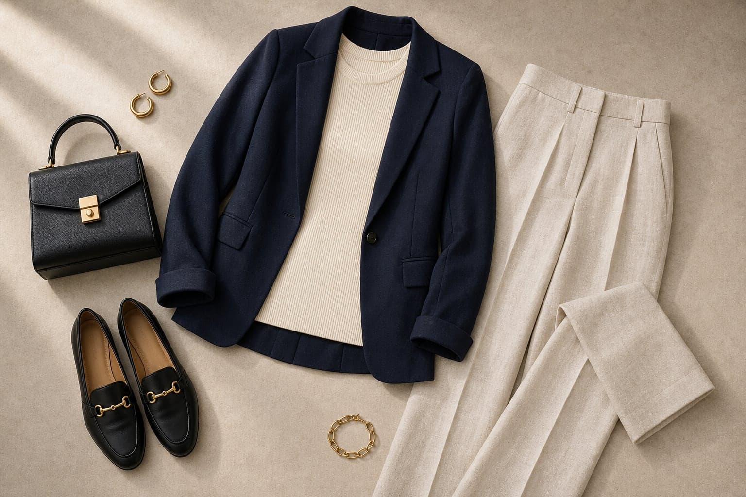 Linen trousers, an ivory sleeveless knit, a lightweight blazer, polished loafers, and a structured bag arranged as a warm-weather office outfit.