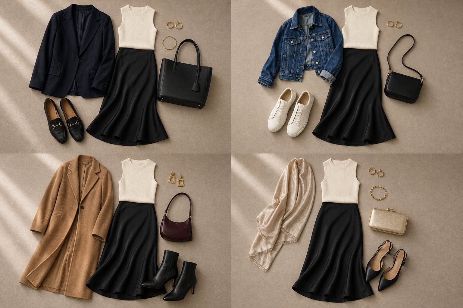 A black midi skirt and ivory fitted knit styled four ways with a blazer and loafers, sneakers and denim jacket, long coat and boots, and dressier jewelry with a satin bag.