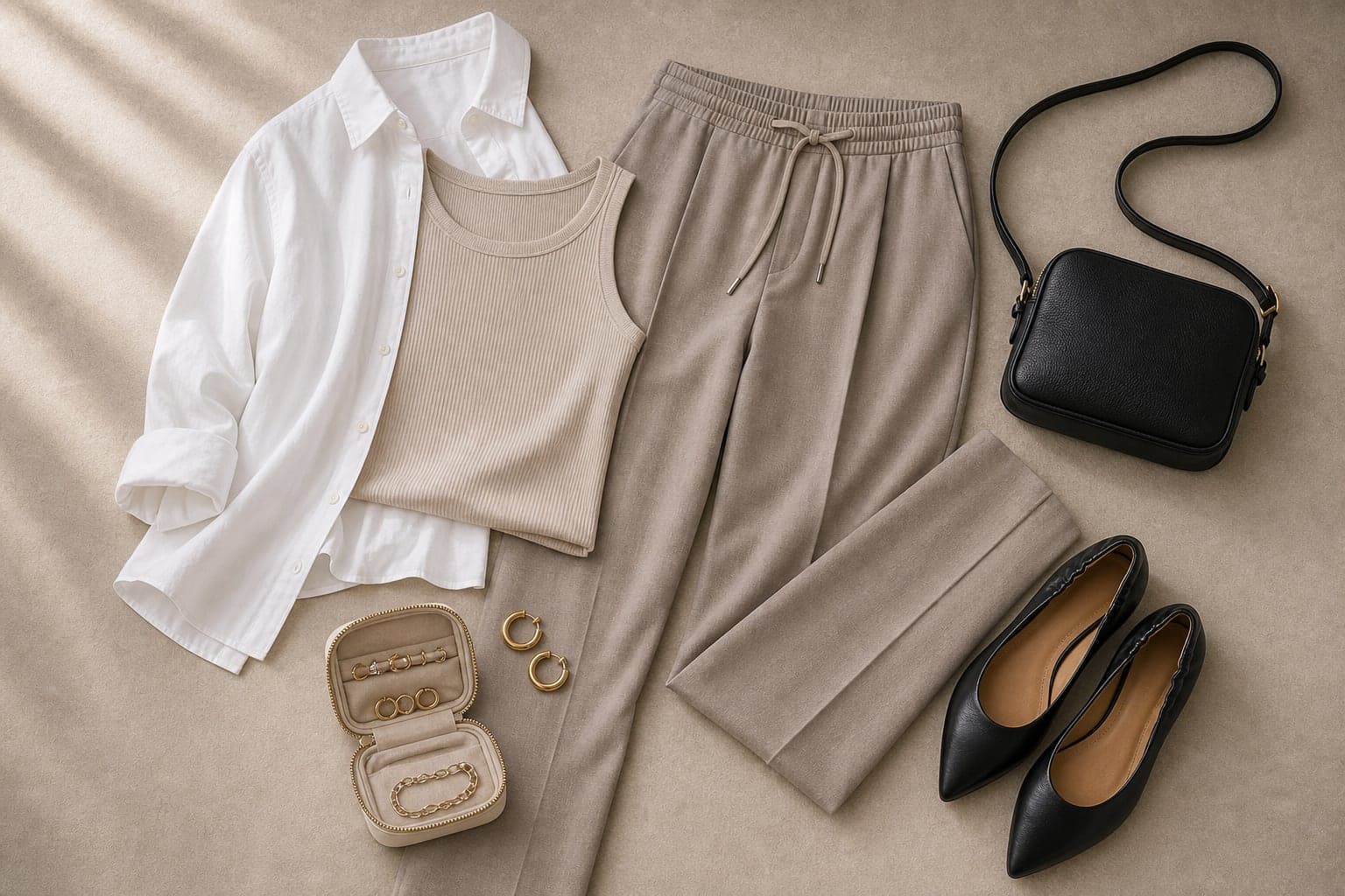 Relaxed trousers, a fitted tank, cotton button-down layer, polished flats, a jewelry pouch, earrings, and a structured shoulder bag arranged as a travel-to-dinner outfit.