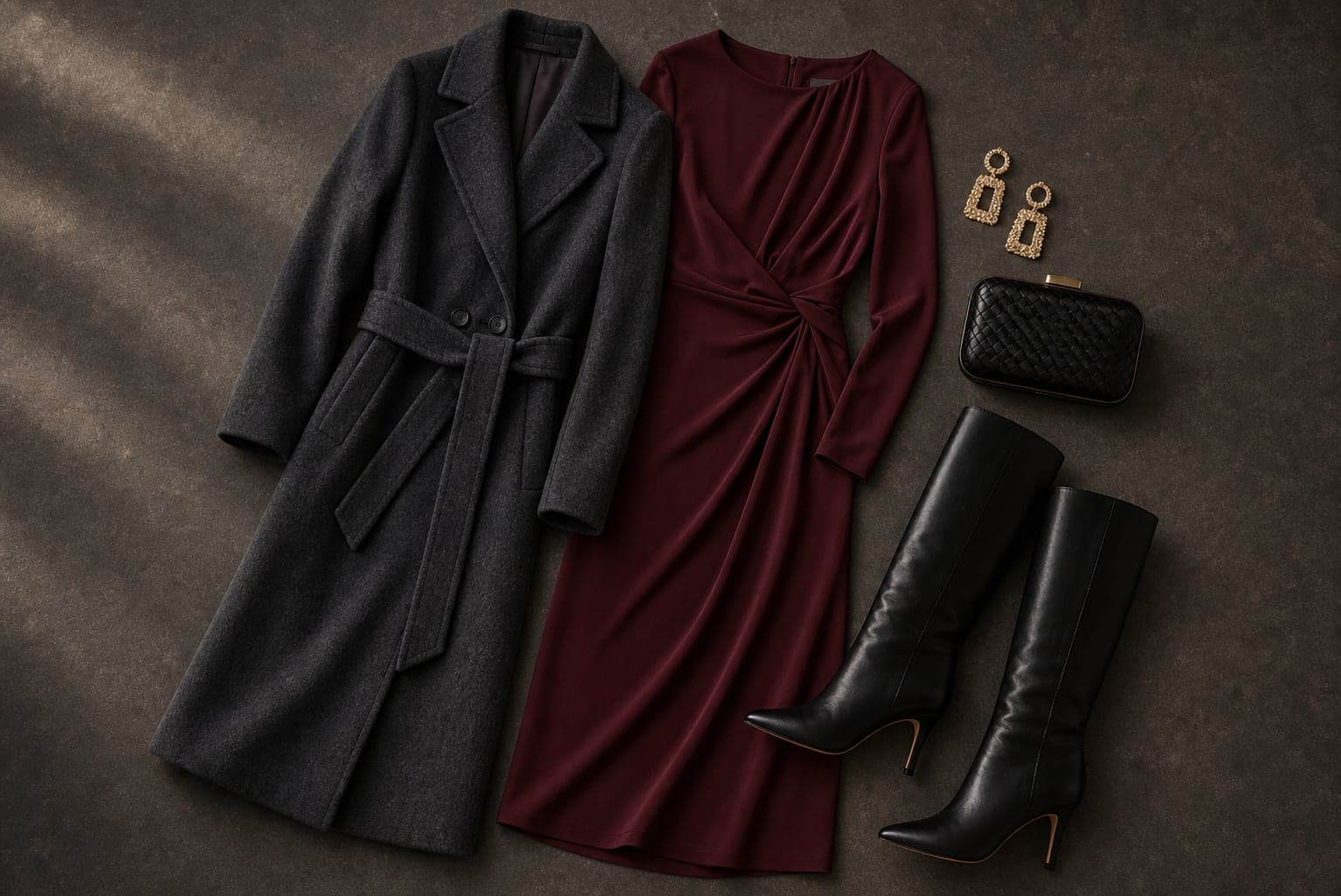 A burgundy long-sleeve midi dress, tall black boots, a long wool coat, statement earrings, and a compact evening bag arranged for a cold-weather wedding.