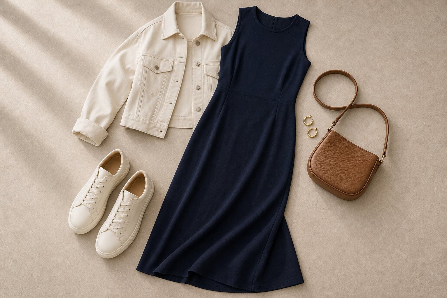 A simple midi dress styled with polished flats, a cropped jacket, and a small leather bag for brunch or daytime plans.