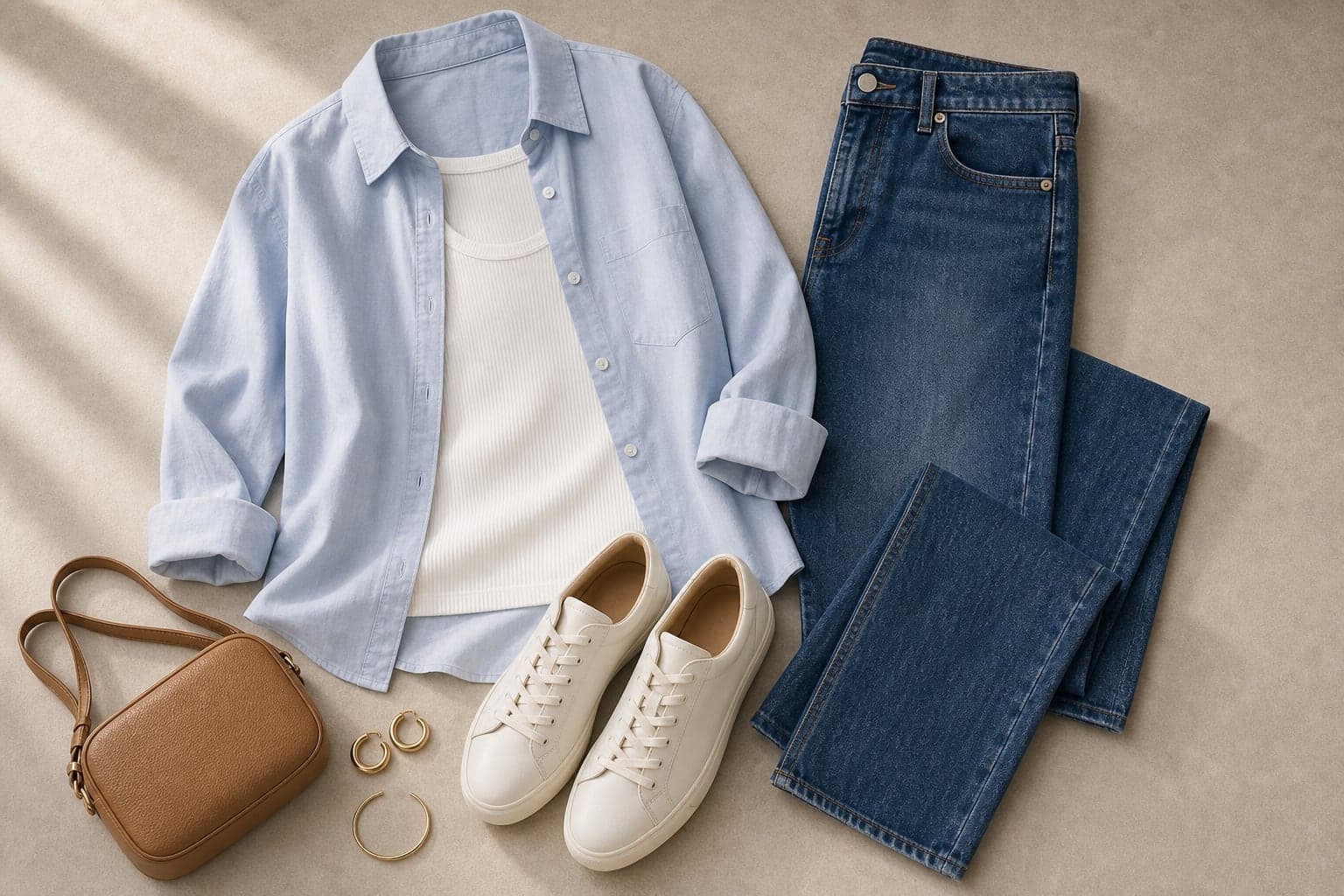 Straight-leg jeans, a ribbed white tank, an oversized pale blue button-down, cream sneakers, and a tan crossbody bag arranged as a weekend outfit.