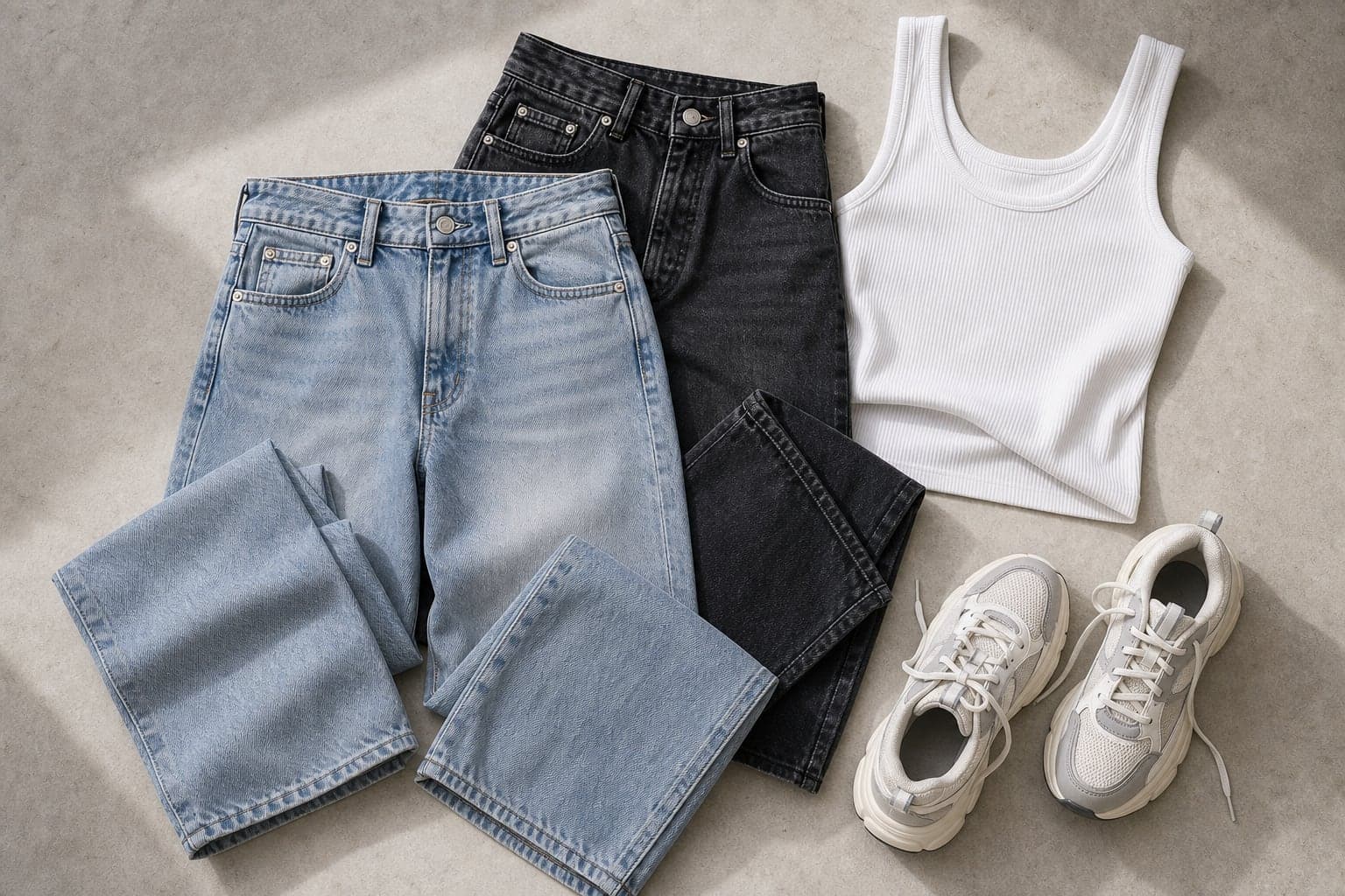 Wide-leg light wash jeans and washed black relaxed jeans styled with a white ribbed tank and cream sneakers.