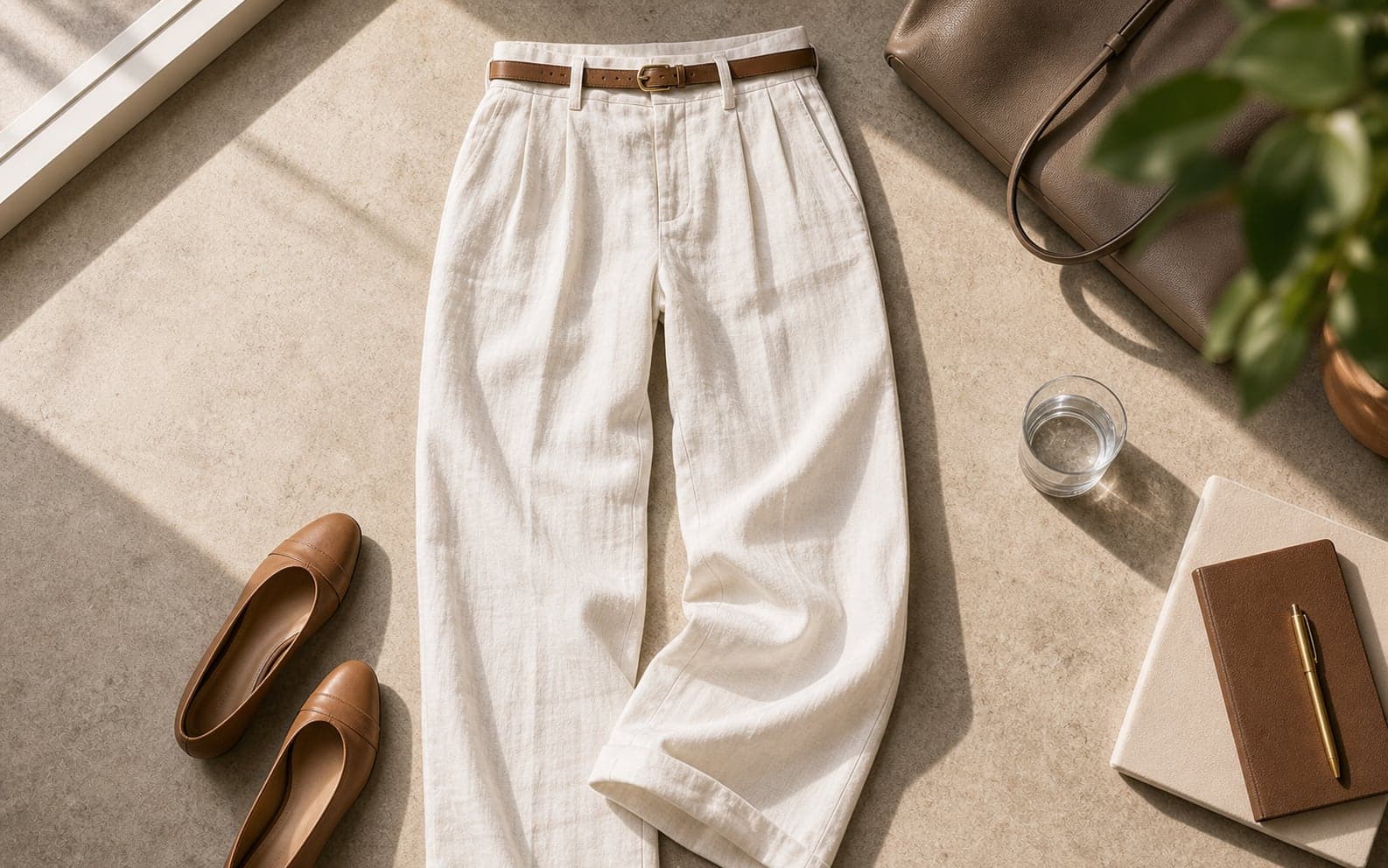 Light utility cargo pants laid on a stone surface with brown shoes and a small box nearby.