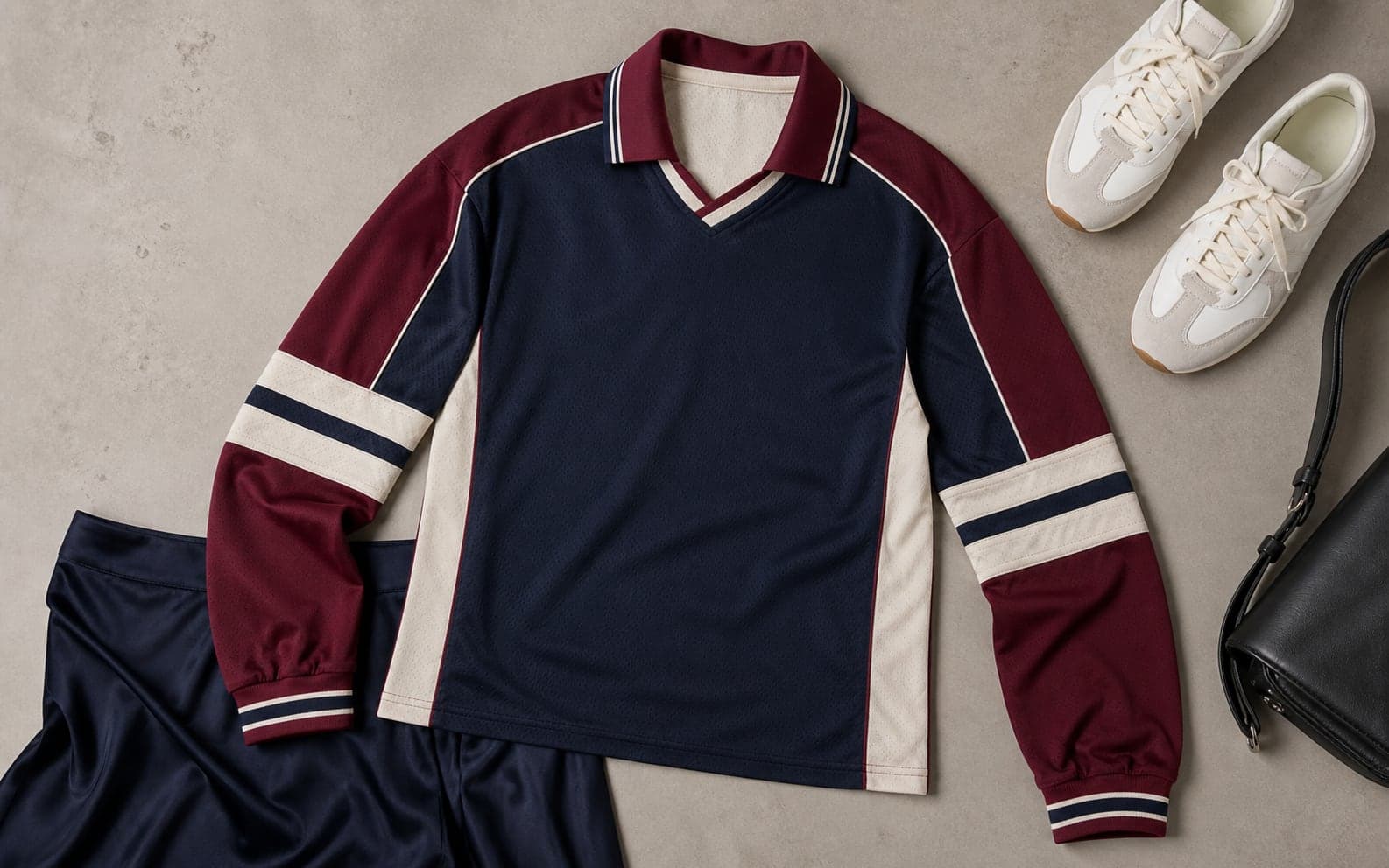 A navy and burgundy sport-inspired jersey laid with a black skirt, white sneakers, and a small bag.