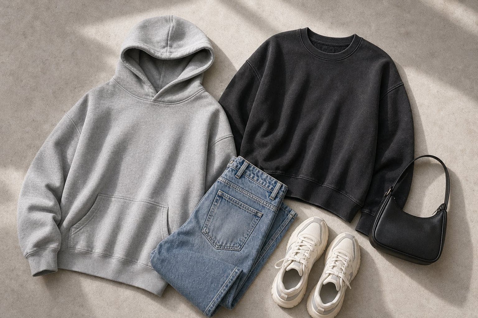A heavyweight grey hoodie and washed black crewneck sweatshirt laid with jeans, sneakers, and a small shoulder bag.