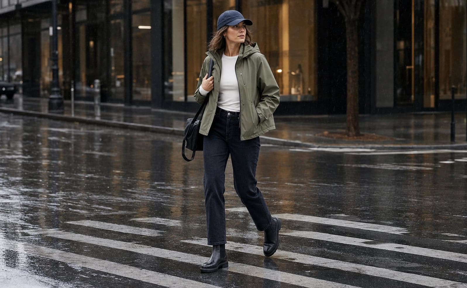 A woman in an olive technical shell, navy cap, white tee, dark straight pants, and black boots walking on a rainy city street.