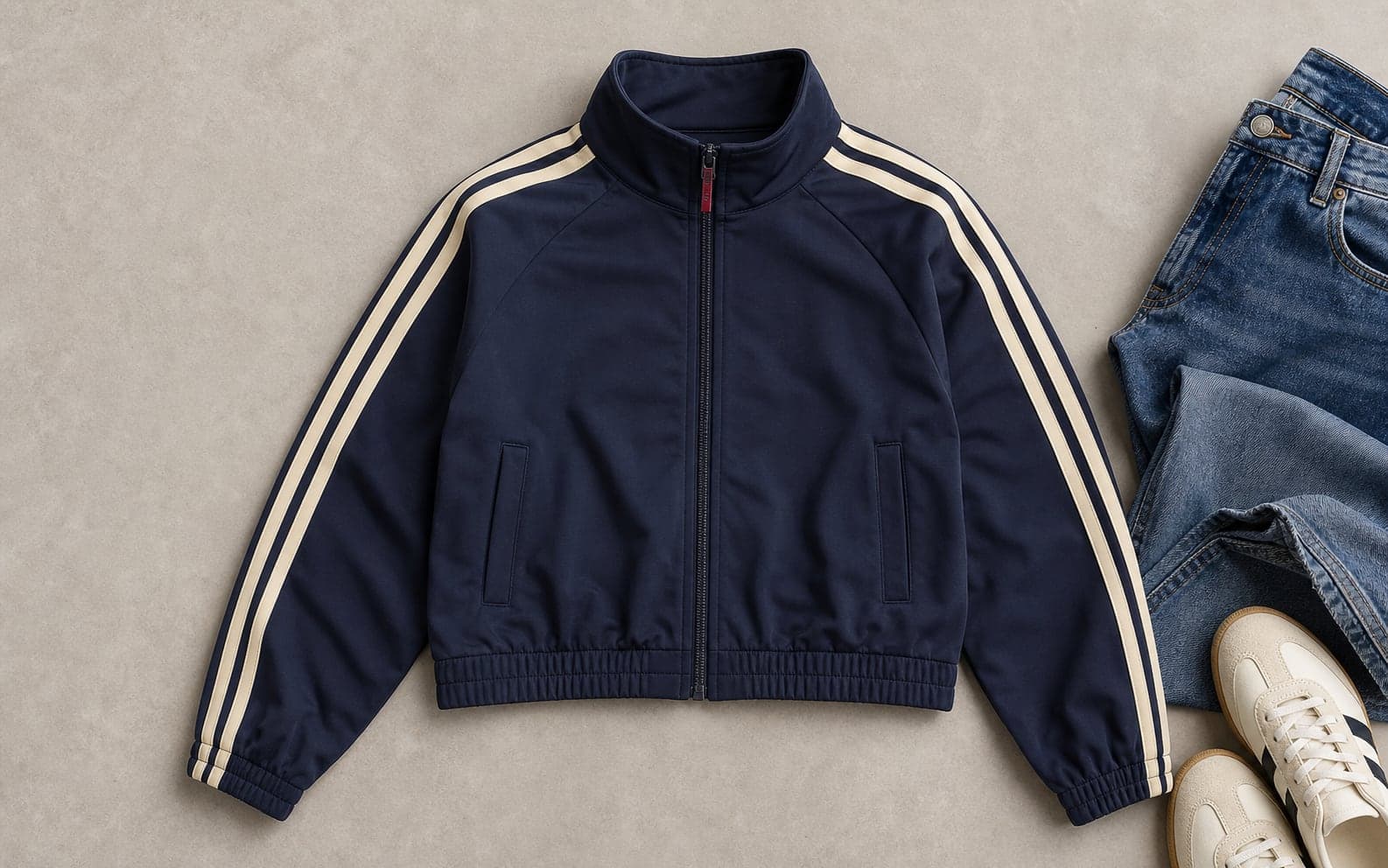 A navy retro track jacket with cream stripes styled with denim and white sneakers.