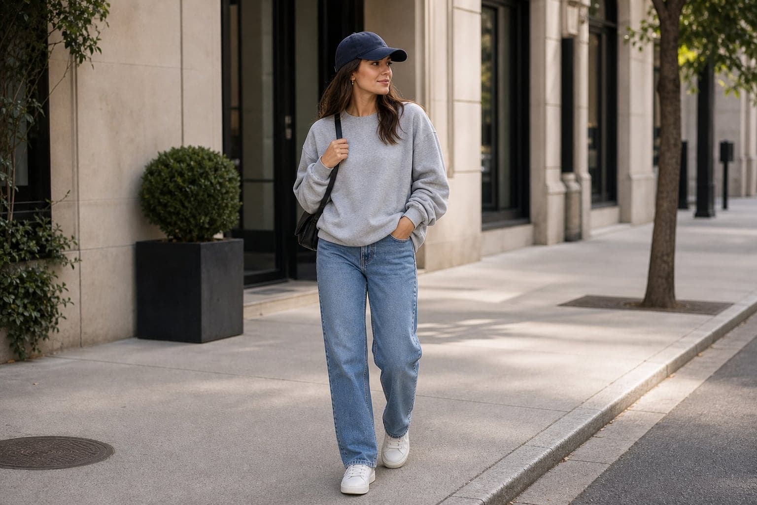 A woman in an oversized grey sweatshirt, straight medium-wash jeans, navy baseball cap, white sneakers, and a small black bag.