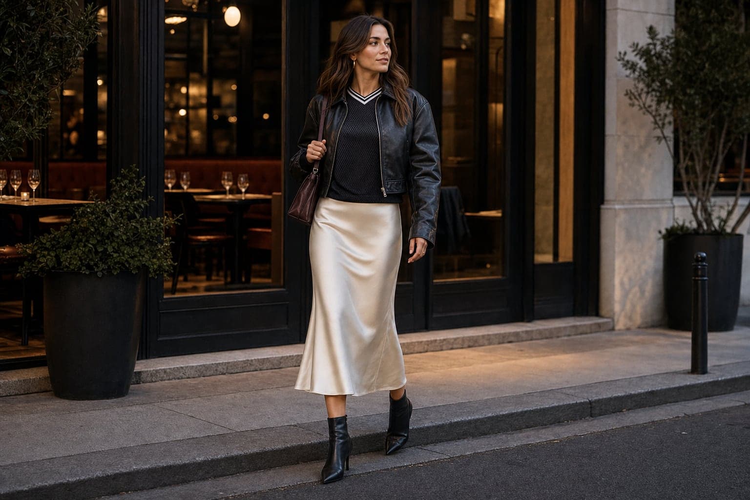 A woman in a cream satin midi skirt, dark sport-inspired mesh top, cropped black leather jacket, ankle boots, and structured bag outside a restaurant.