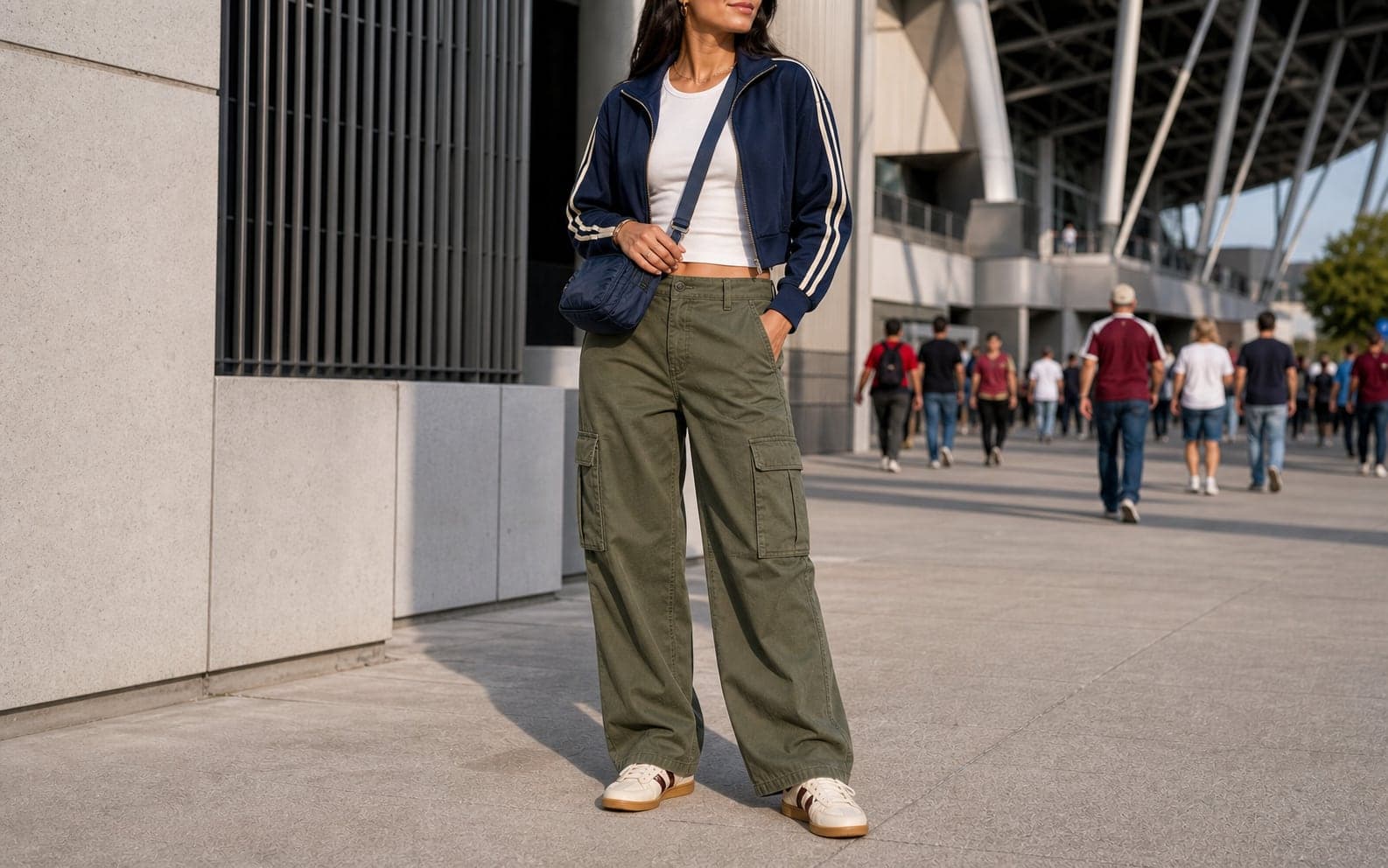 A woman in olive wide-leg parachute pants, a fitted white tee, navy track jacket, and light sneakers near a transit concourse.