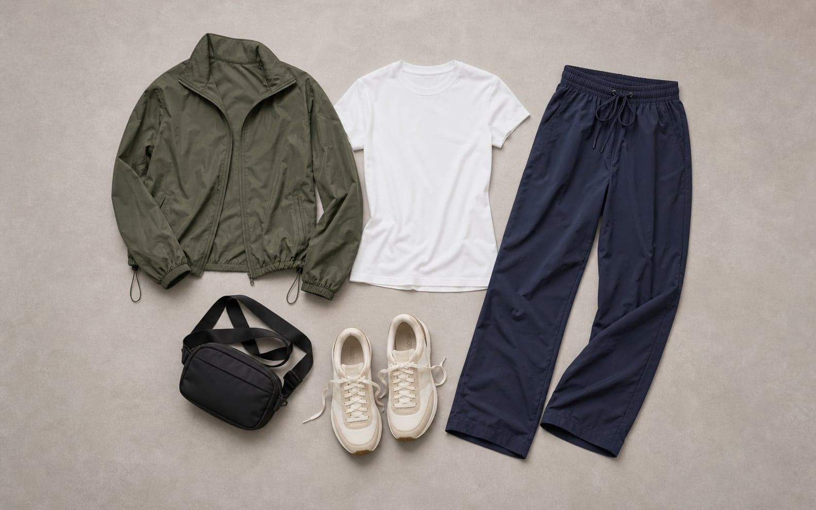 An olive utility shell, white tee, navy straight cargo pants, compact black bag, and cream sneakers arranged in a flat lay.