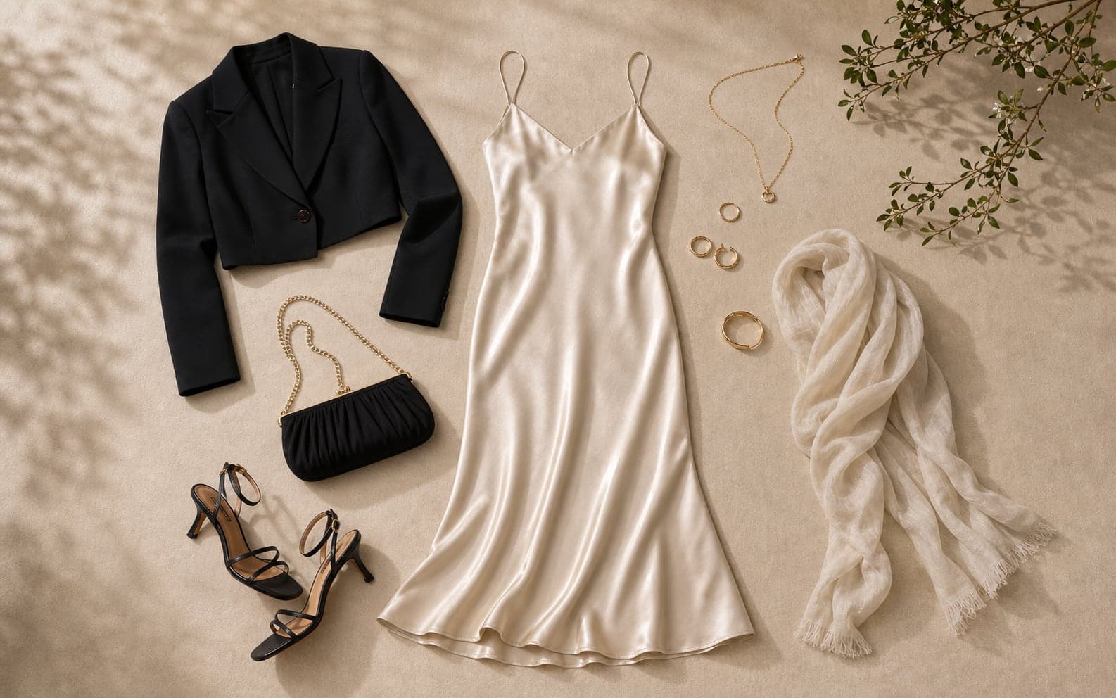 A cream lace-trim skirt styled in a flat lay with a black oversized hoodie, technical sneakers, a small bag, and jewelry.