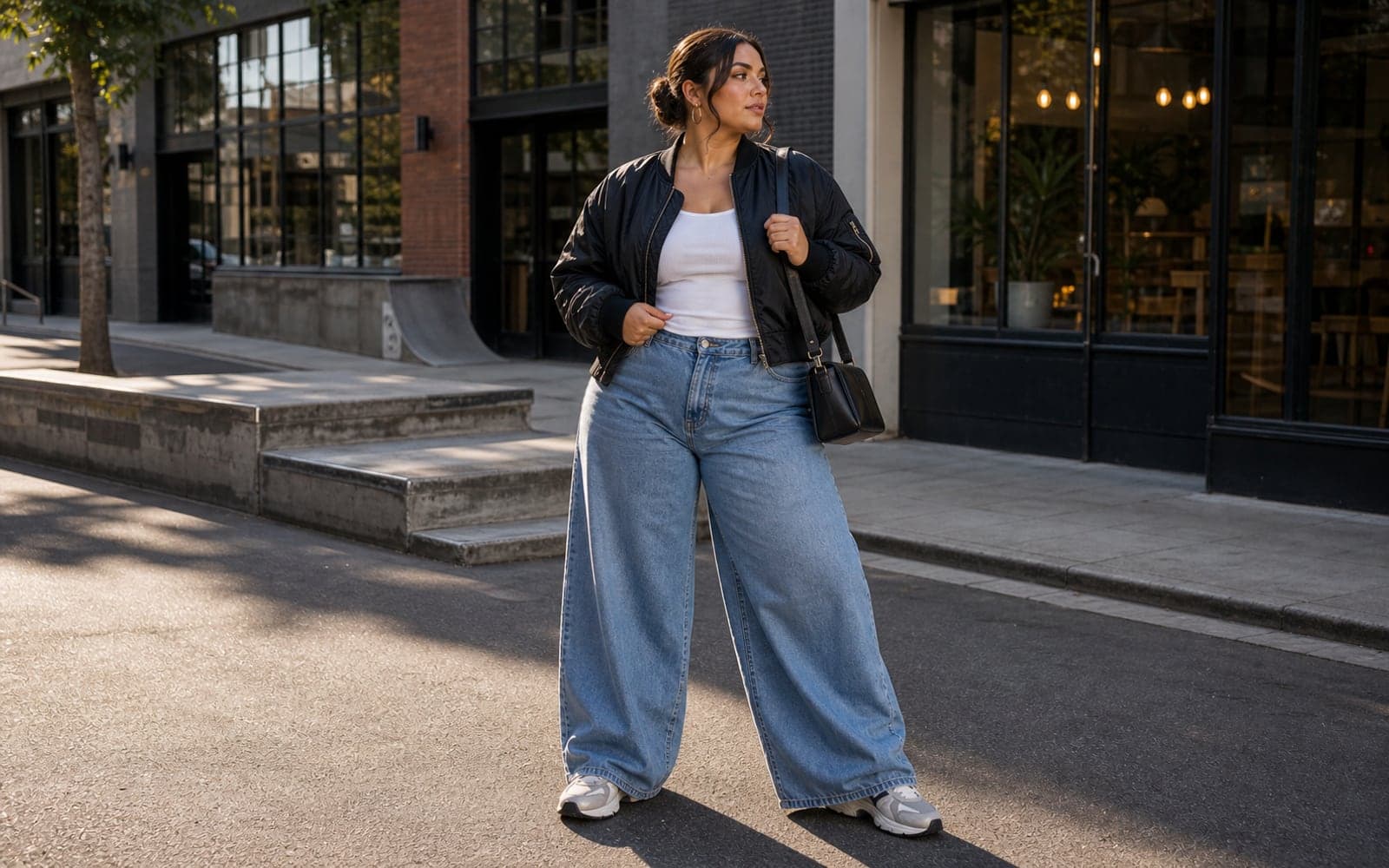 A woman in relaxed wide-leg denim, a fitted white tank, a cropped black bomber, substantial sneakers, and a structured shoulder bag standing on a city street.
