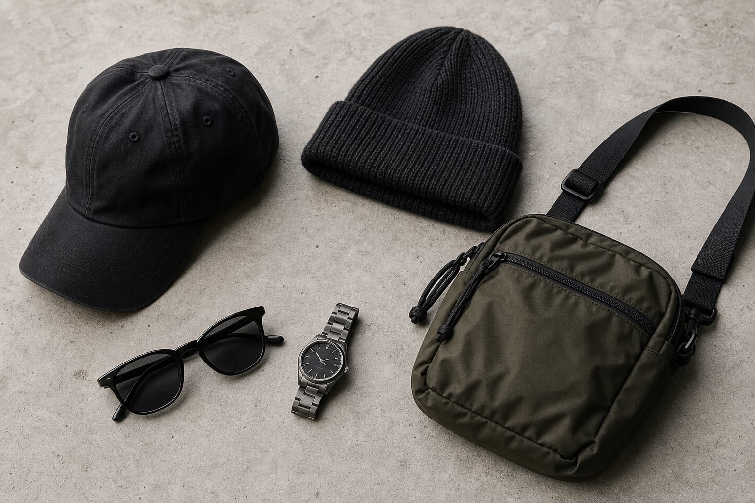 A black cap, charcoal beanie, olive crossbody bag, watch, and sunglasses arranged on concrete.