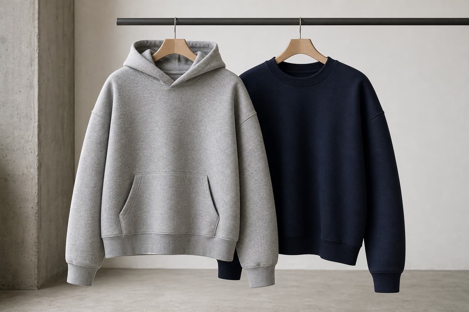 Blank boxy hoodie and crewneck sweatshirt hanging against a neutral studio wall.