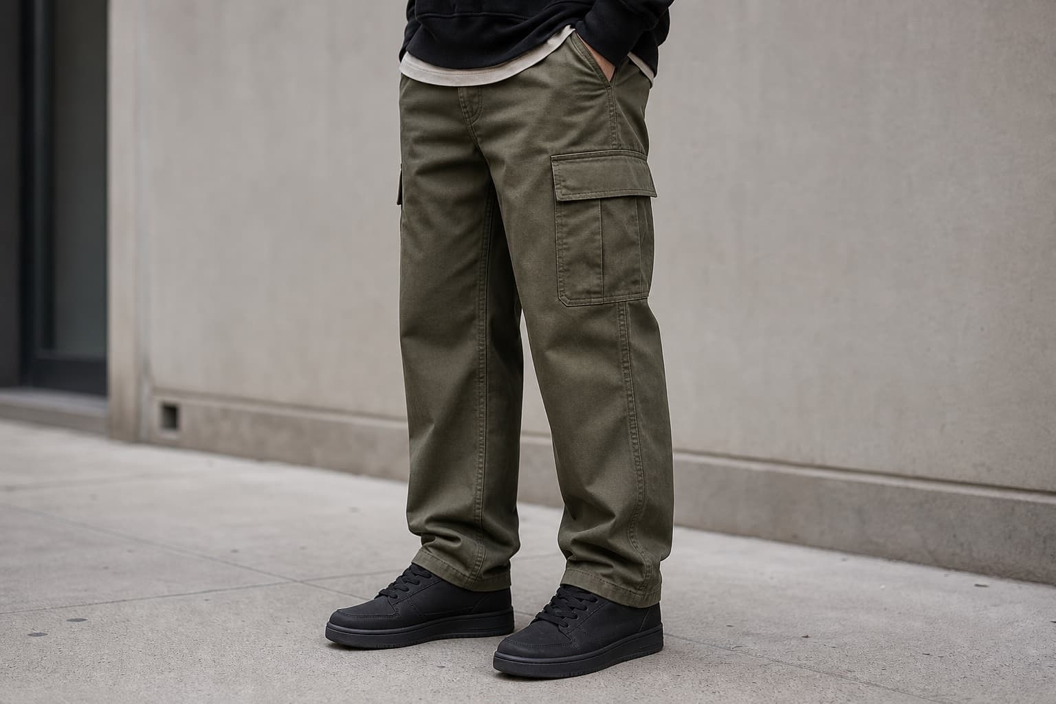 Matte olive straight cargo pants with simple side pockets and black sneakers.