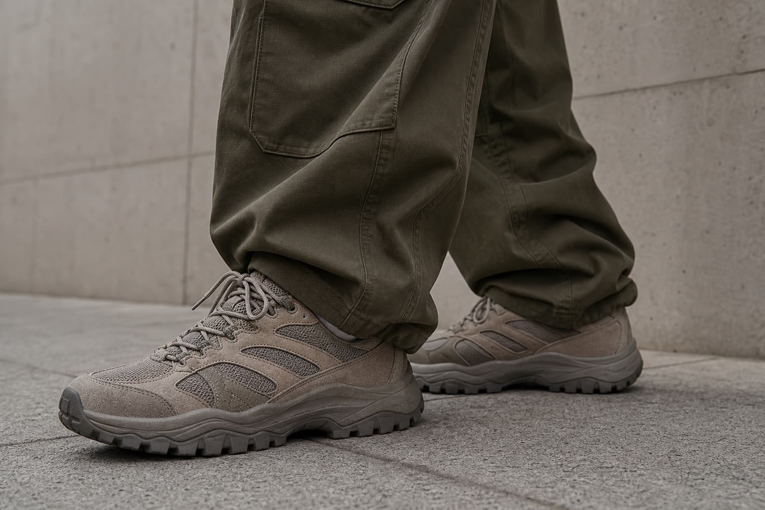 Taupe trail-style sneakers worn with wide olive cargo pants.