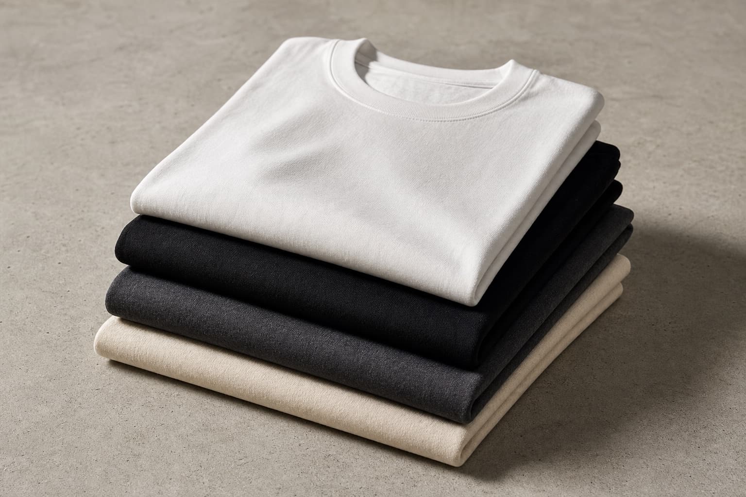 Folded heavyweight cotton T-shirts in white, black, charcoal, and cream on a concrete surface.