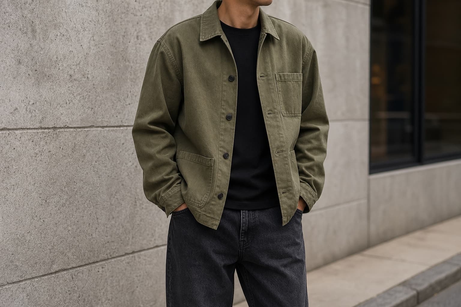 An olive chore jacket worn over a black tee with relaxed dark jeans.