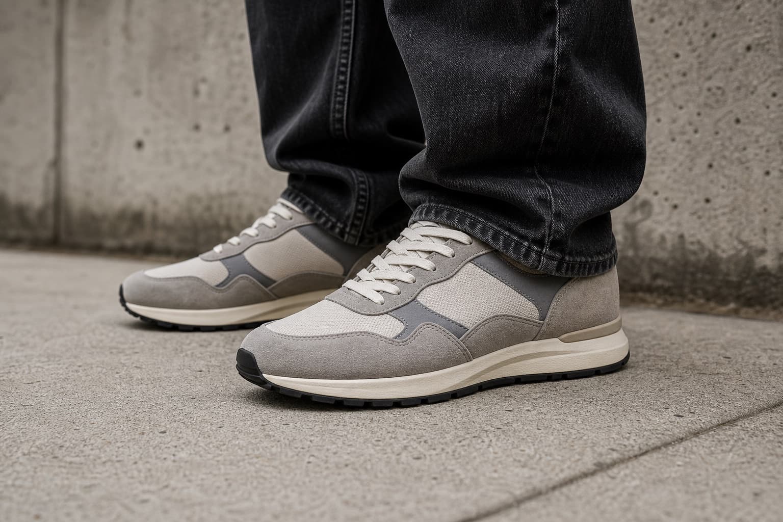 Gray and cream retro runner sneakers worn with relaxed dark jeans.