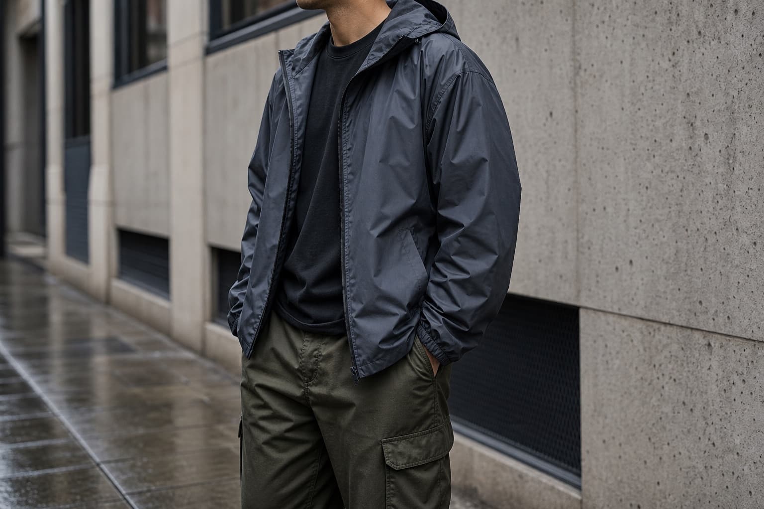 A slate nylon rain shell worn with straight olive cargos on a city sidewalk after rain.