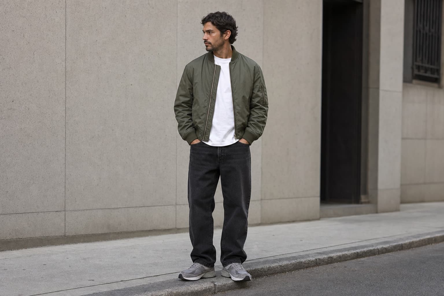 A man wearing a white tee, olive bomber, relaxed black jeans, and gray retro-style sneakers.