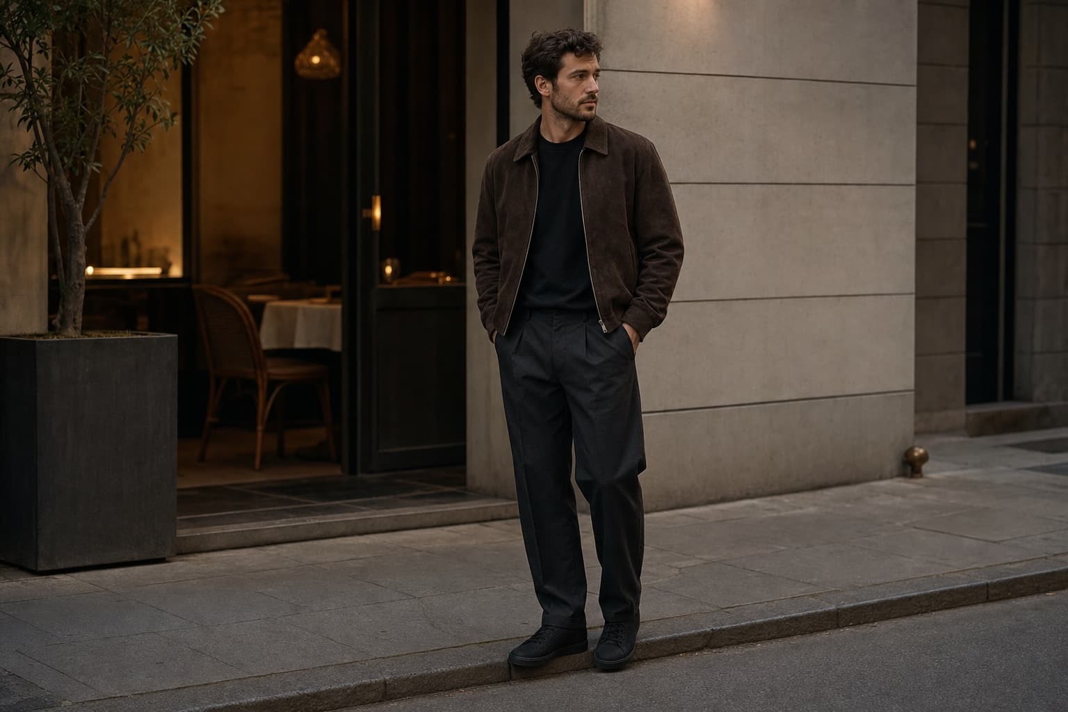 A man wearing a black tee, dark trousers, brown suede bomber, and black footwear near a restaurant.