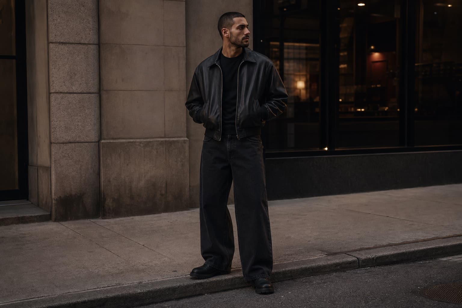 A man wearing a cropped black jacket, black tee, wide black jeans, and black footwear at dusk.