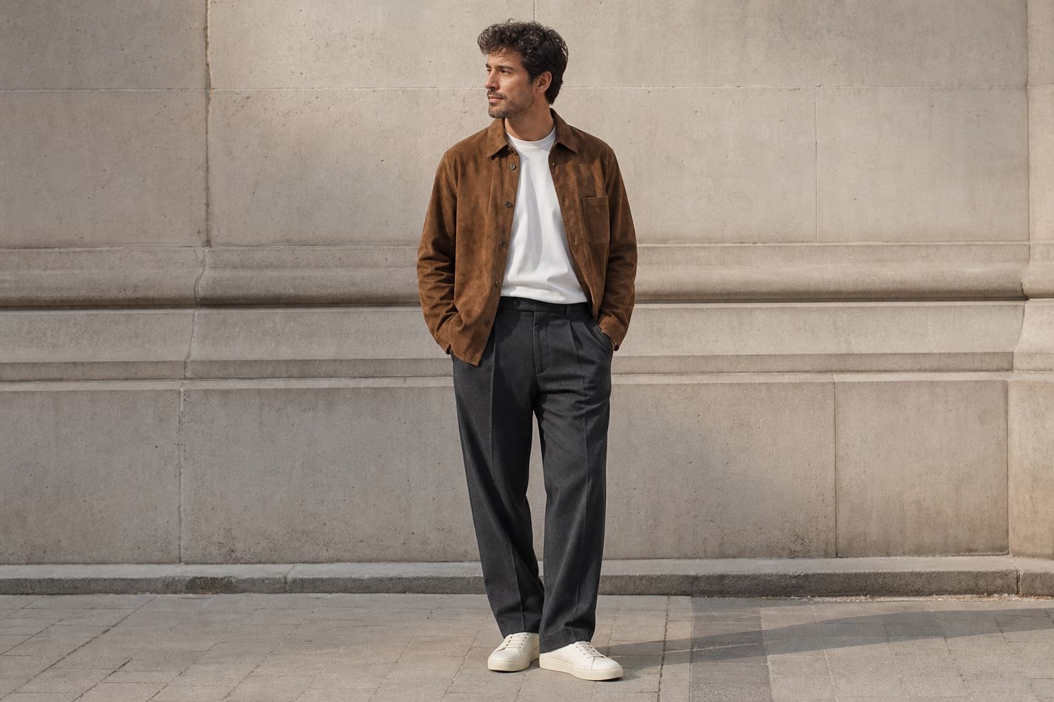A man wearing a tobacco suede overshirt, white tee, charcoal trousers, and off-white sneakers.