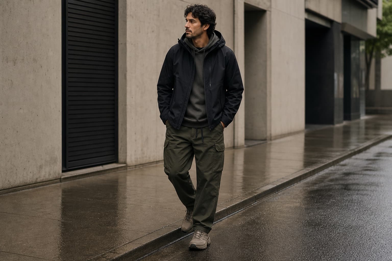 A man wearing a black shell jacket, muted hoodie, olive cargos, and trail-style sneakers after rain.
