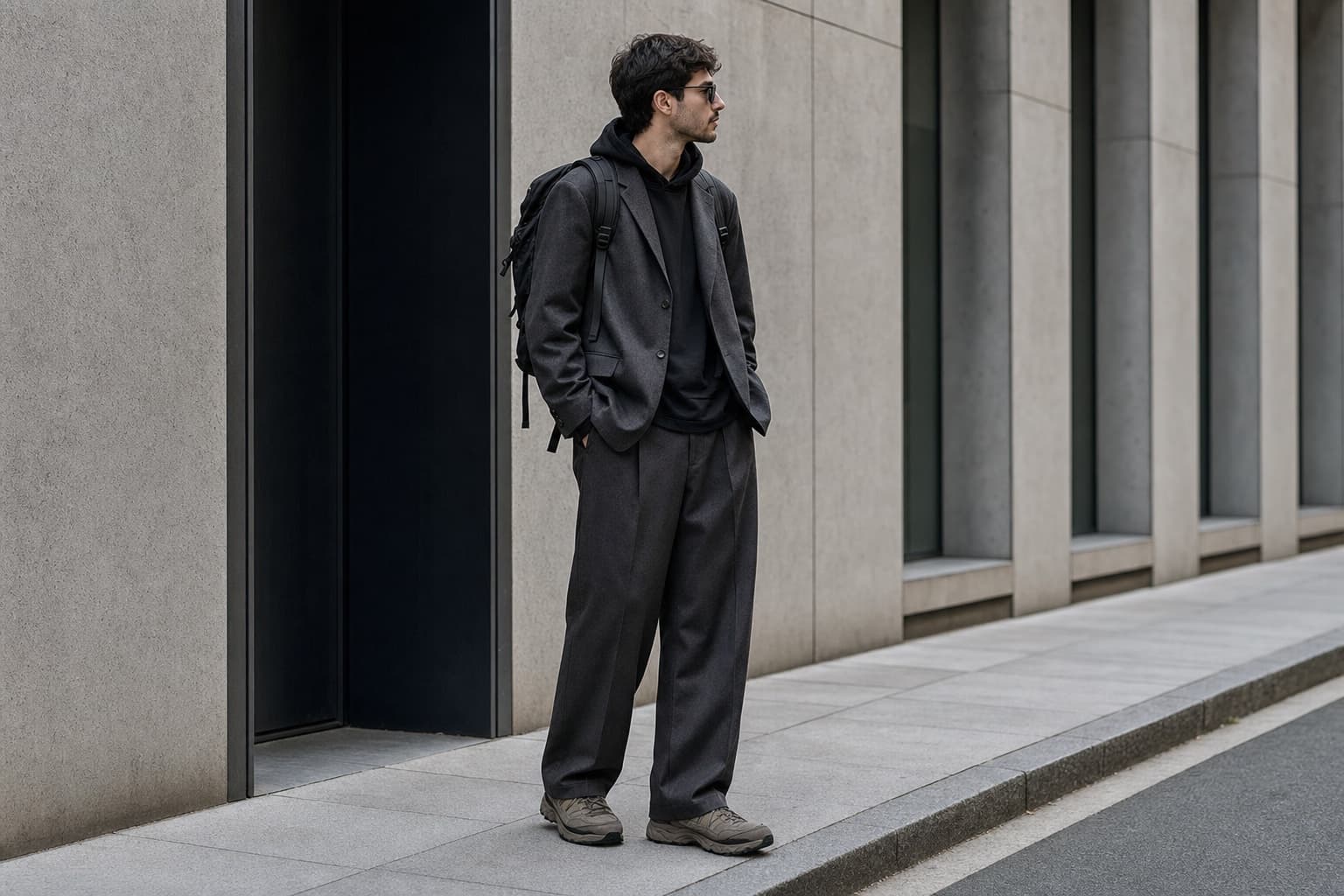 A man wearing a relaxed blazer, hoodie, wide trousers, trail-style sneakers, and a technical backpack.
