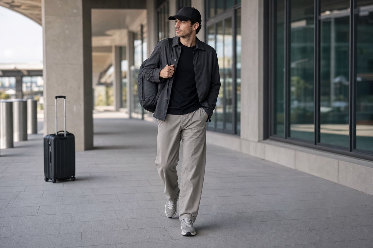 A man wearing a technical overshirt, relaxed travel trousers, gray sneakers, and a black cap.