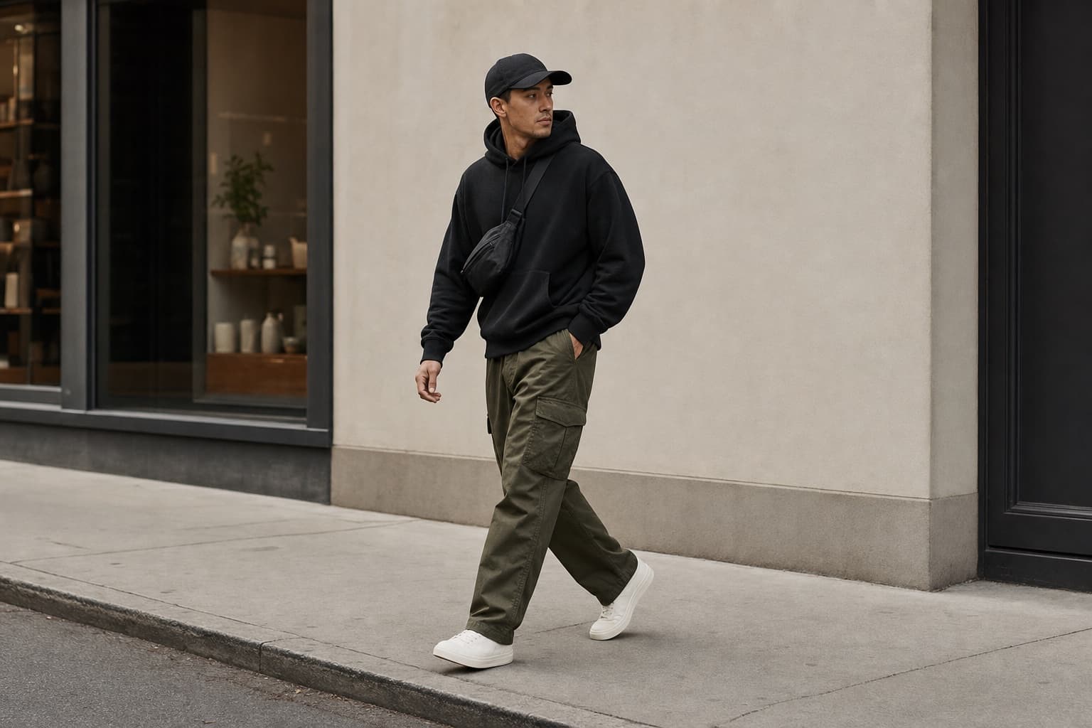 A man wearing a black hoodie, olive cargos, off-white sneakers, and a nylon crossbody bag.