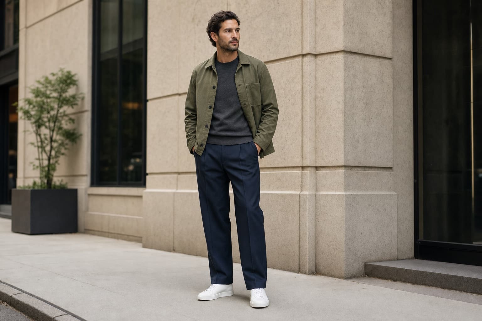 A man wearing a chore jacket, blank crewneck, relaxed trousers, and white leather sneakers.