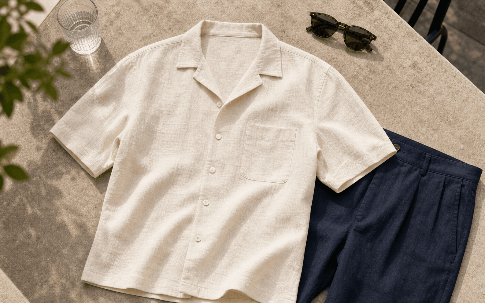A cream camp collar shirt styled for warm city weather.