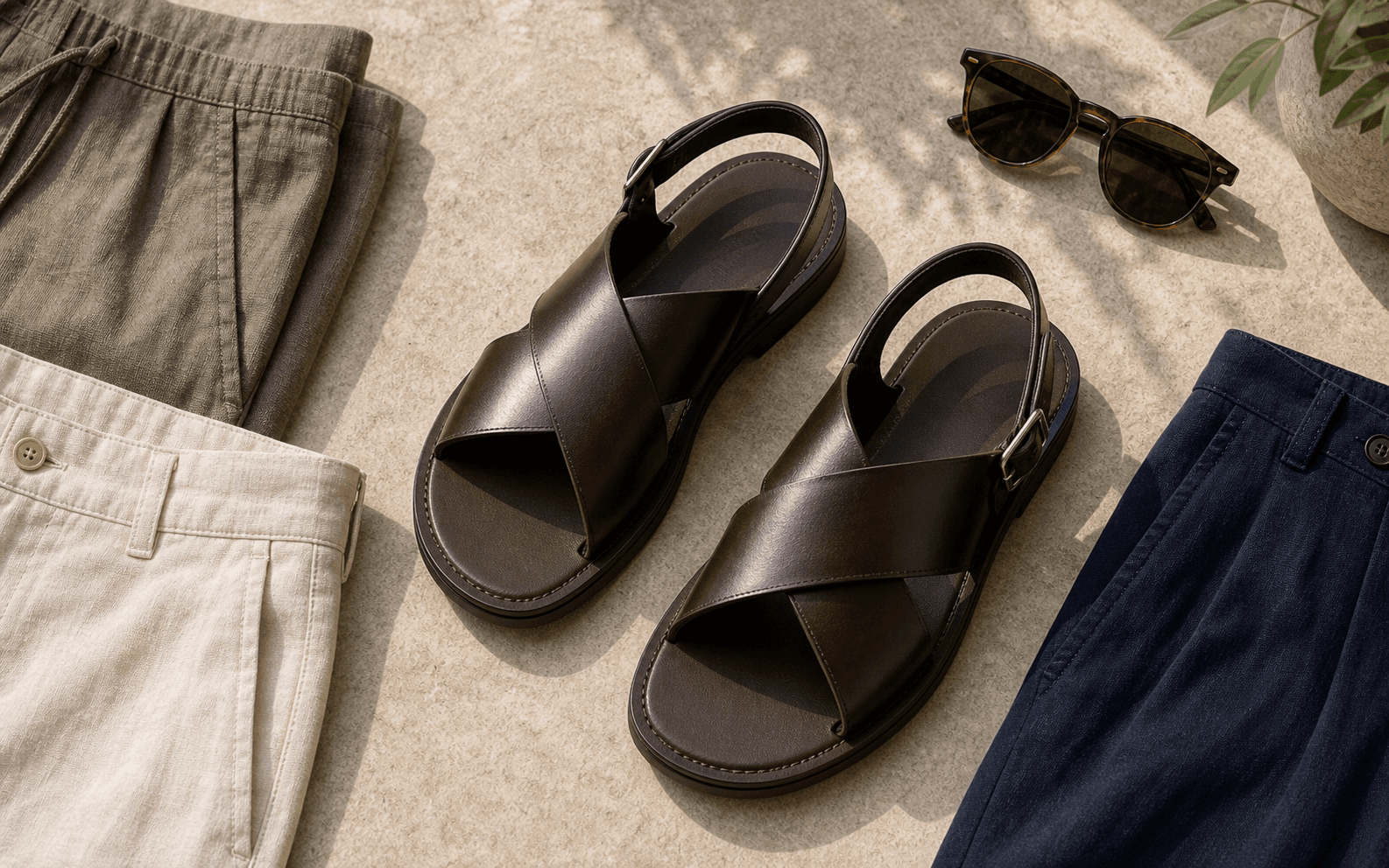 Minimal leather sandals styled with linen trousers.