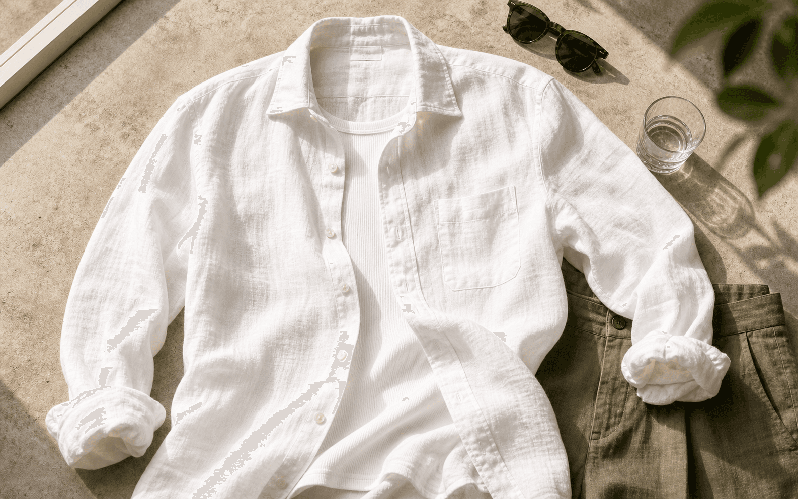 A relaxed linen shirt in a summer city flat lay.