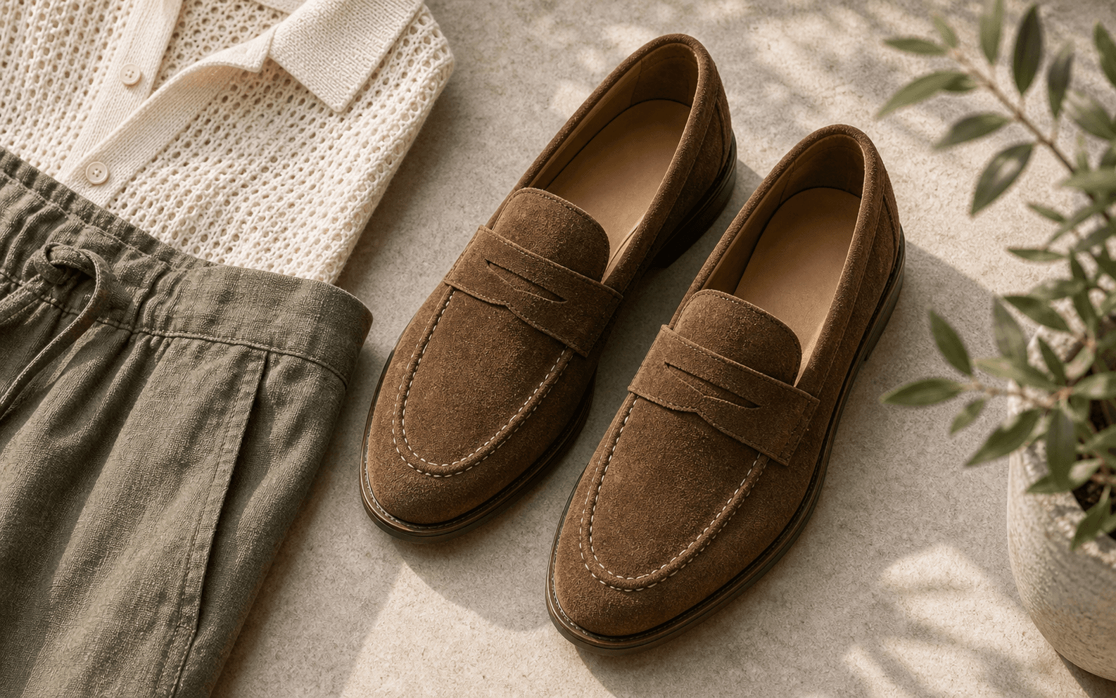 Brown suede loafers paired with linen trouser fabric.