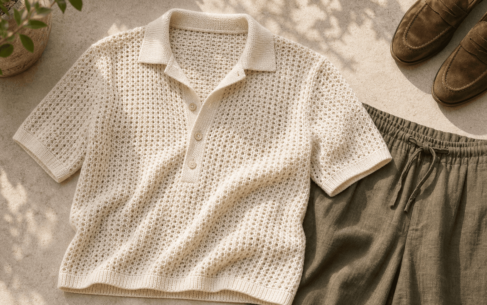 An ecru open-weave knit polo showing breathable texture.