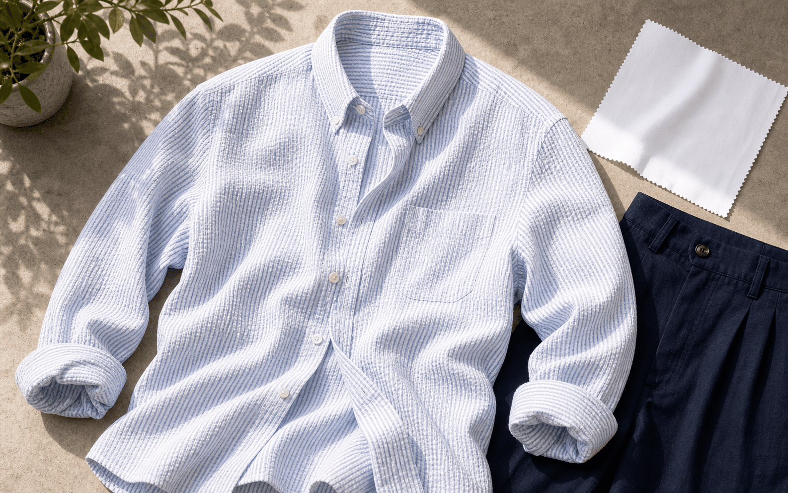 A pale blue seersucker shirt with puckered summer texture.
